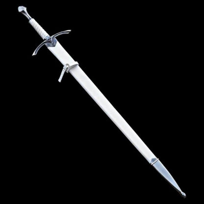 Full view image of the handmade medieval knight longsword inside its white wooden scabbard with decorative fittings