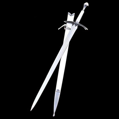 Handmade medieval knight longsword with polished High steel blade and matching white scabbard displayed on a black background