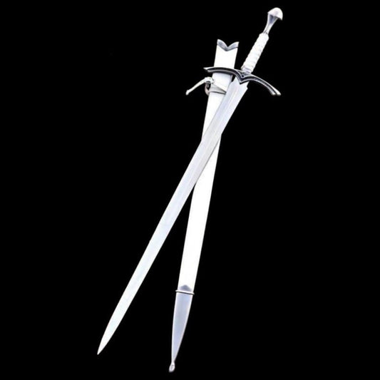 Handmade medieval knight longsword with polished High steel blade and matching white scabbard displayed on a black background