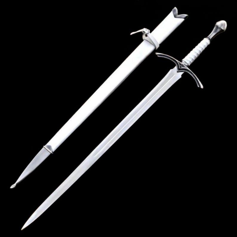 Handmade medieval knight longsword with matching wooden scabbard and polished high steel blade displayed for collectors