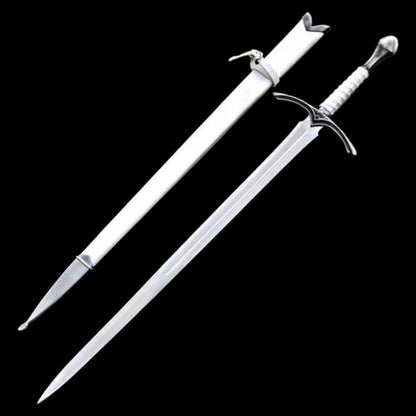 Handmade medieval knight longsword with matching wooden scabbard and polished high steel blade displayed for collectors