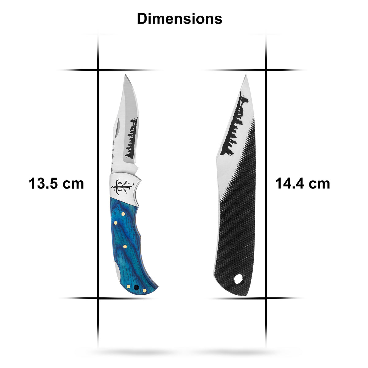 Pocket knife and kiridashi blade dimensions showing compact size with blue wood handle and stainless steel construction