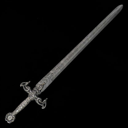 Renaissance Long Sword with Damascus pattern steel blade and detailed medieval style hilt, full length product view on black background.