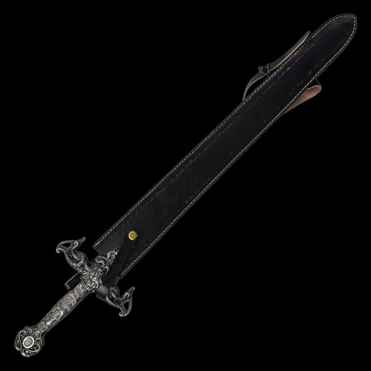 Renaissance Long Sword with black leather scabbard featuring a Damascus pattern blade and decorative medieval inspired hilt.