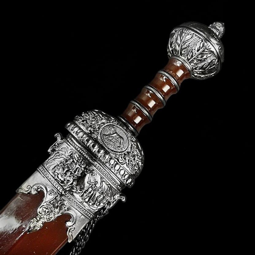 Detailed view of the Roman Gladius sword guard, handle, and decorative craftsmanship with classic Roman-inspired design