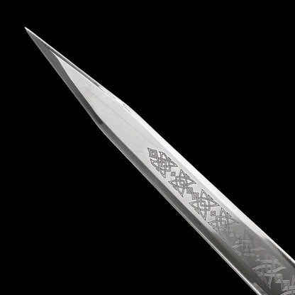 Close up of the Roman Julius Caesar Gladius blade featuring engraved decorative details and polished finish