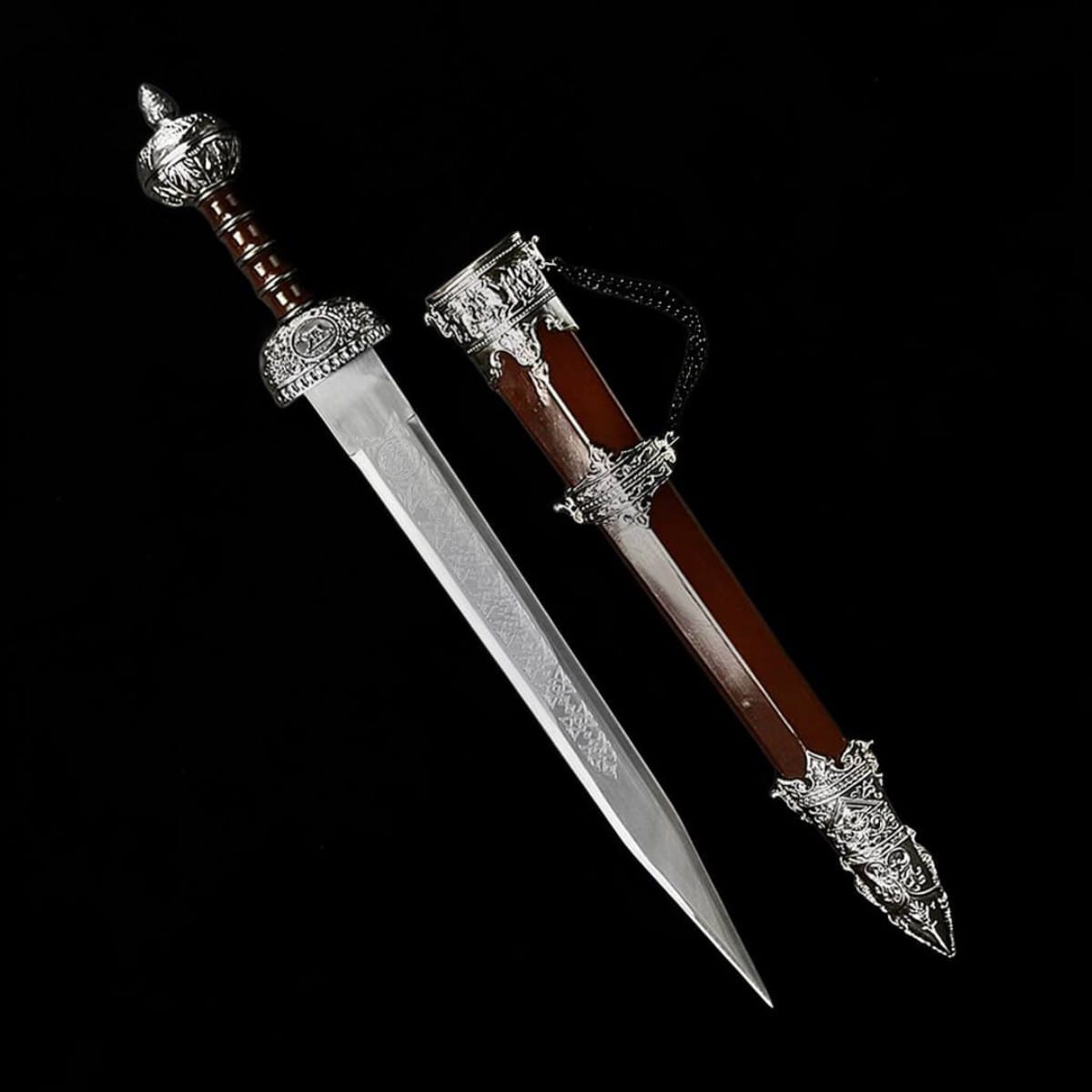 Roman Julius Caesar Gladius sword with decorative scabbard inspired by ancient Roman craftsmanship for collectors and historical display